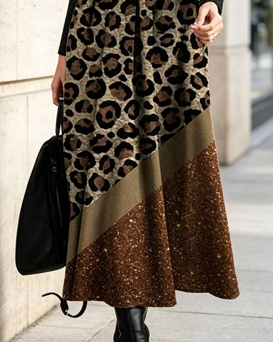 Kleid Leopardenmuster Patchwork Langarm