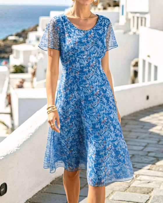 Kleid Blumig Kurzarm A-Linie