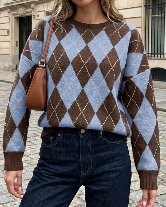 Pullover Diamant Farbblock Rundhals