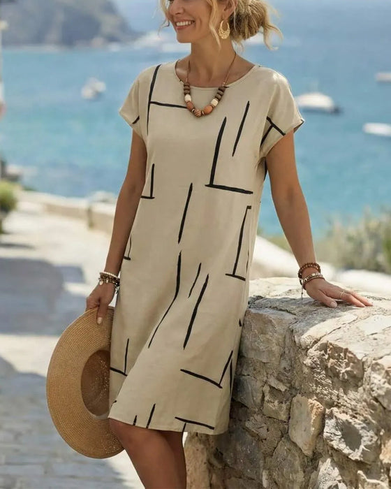 Kleid Damen Sommer Lässig Druck Rundhals