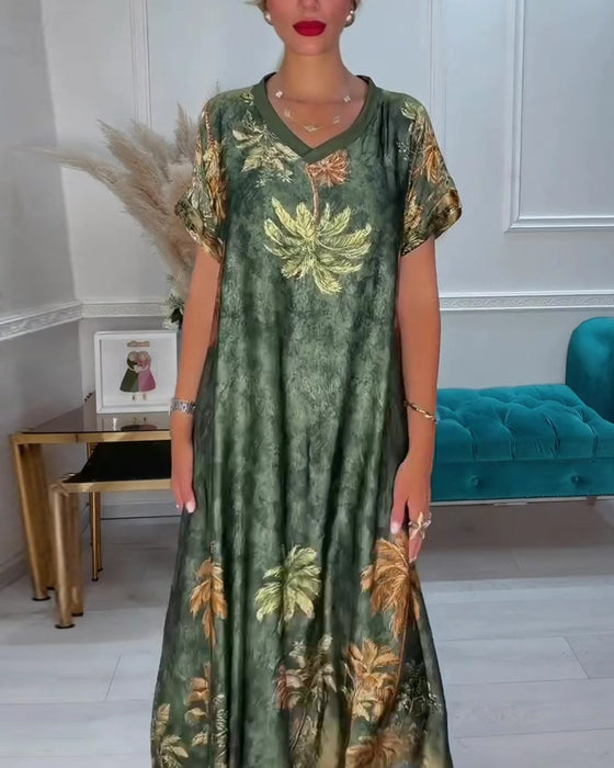 Kleid V-Ausschnitt Palmenbaum Druck Kurzarm Lang