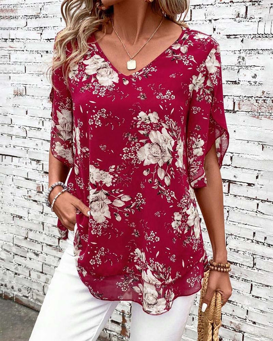 Bluse V-Ausschnitt Bedruckt Doppel-Layer Kurzarm