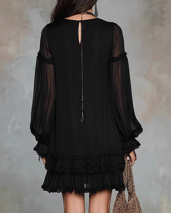 Kleid V-Ausschnitt Langarm Rüsche