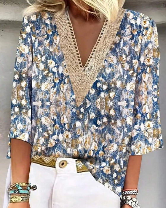 Bluse V-Ausschnitt Dreiviertelarm Blumenmuster