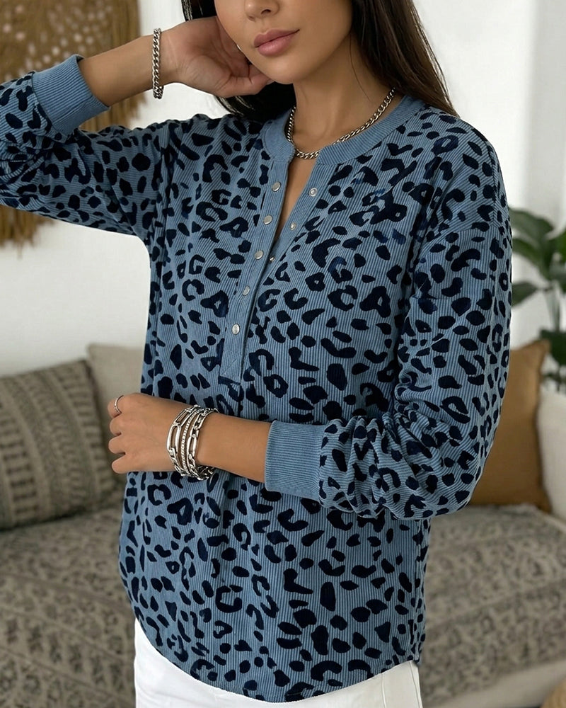 Sweatshirt Leopard Knopf V-Ausschnitt Langarm