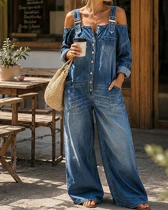 Jumpsuit Spaghettiträger Kalte Schulter Weites Bein Denim