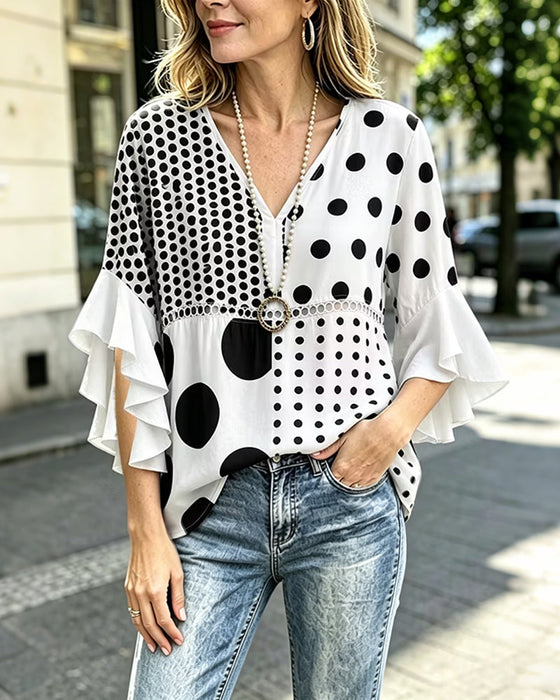 Bluse Gemischtes Pünktchen Patchwork Rüsche