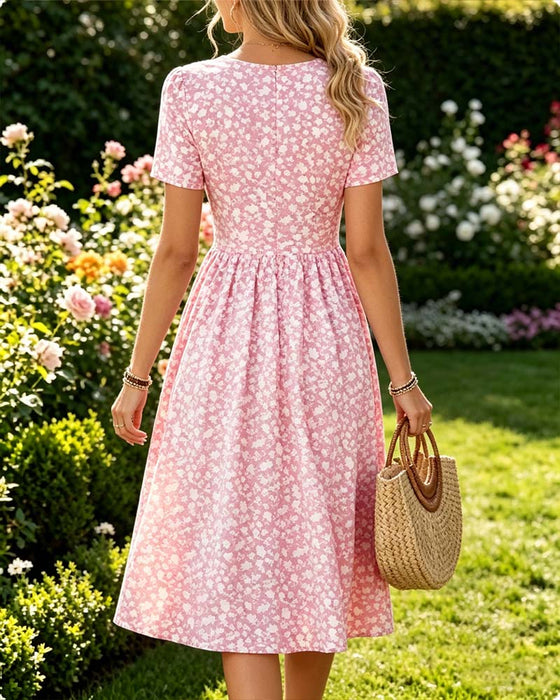 Kleid V-Ausschnitt Kurzarm Kleine Blumen
