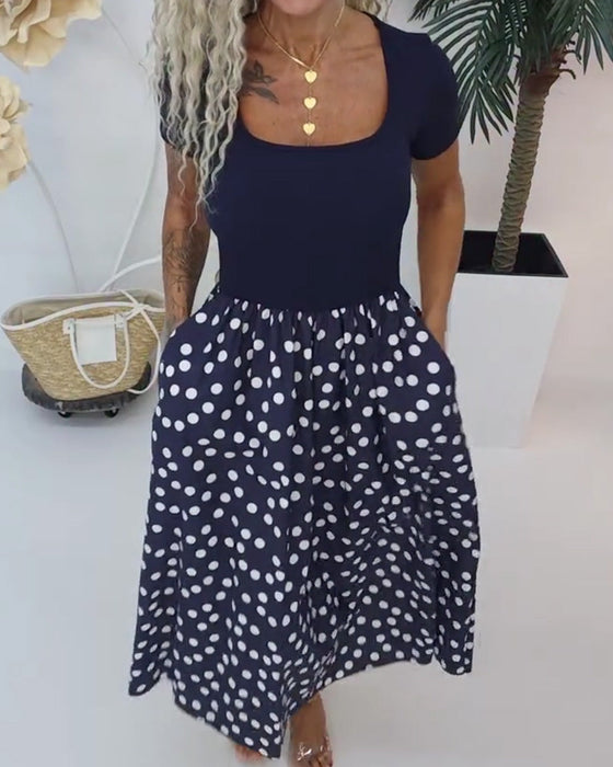 Kleid Quadratischer Ausschnitt Polka Dot Patchwork