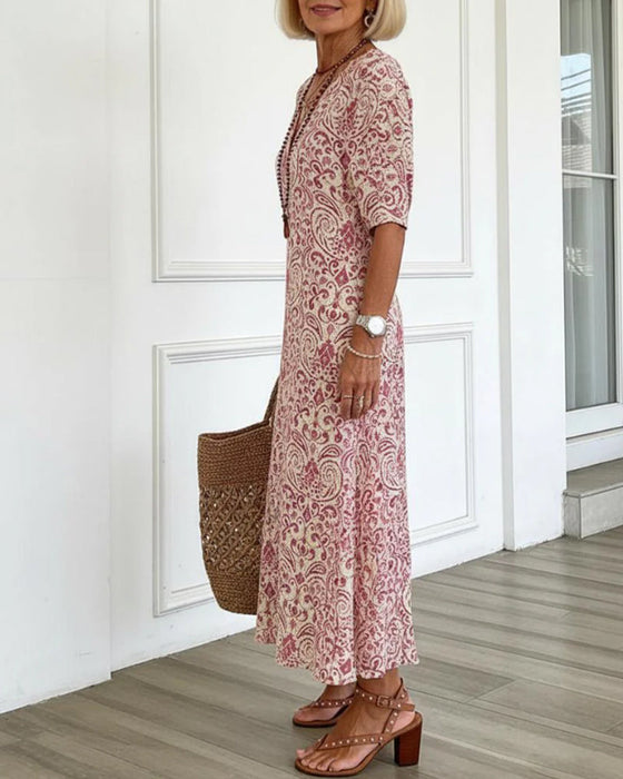 Kleid Vintage Blumenmuster V-Ausschnitt Maxi