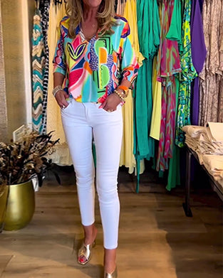 Lose bedruckte Bluse mit langen Ärmeln