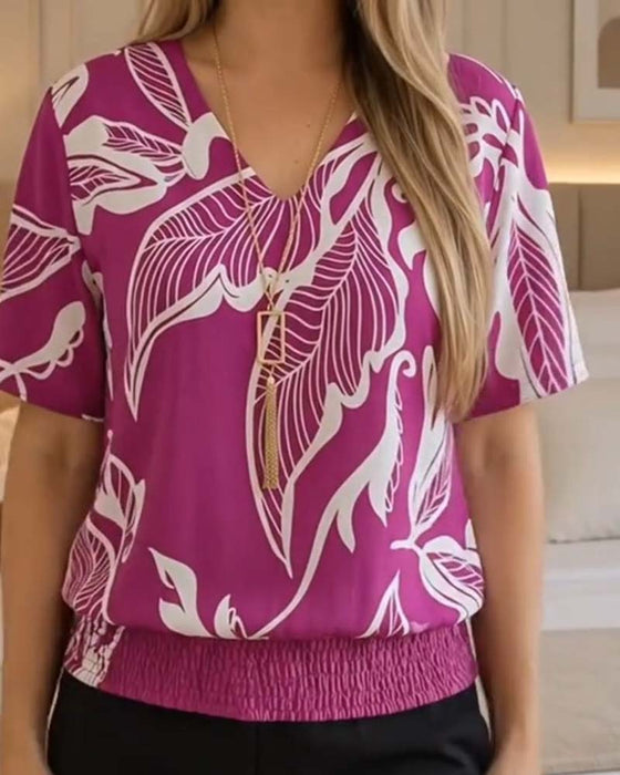 Bluse Blumenprint Gummizug Saum Kurzarm