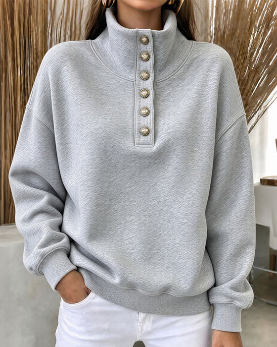 Sweatshirt Hoher Kragen Geknöpft Langarm