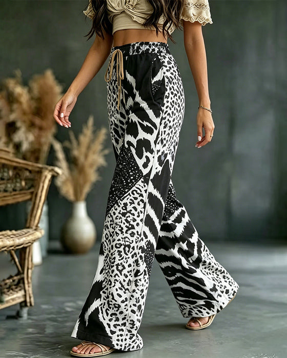 Hose Leoparden Druck Patchwork Weites Bein Casual
