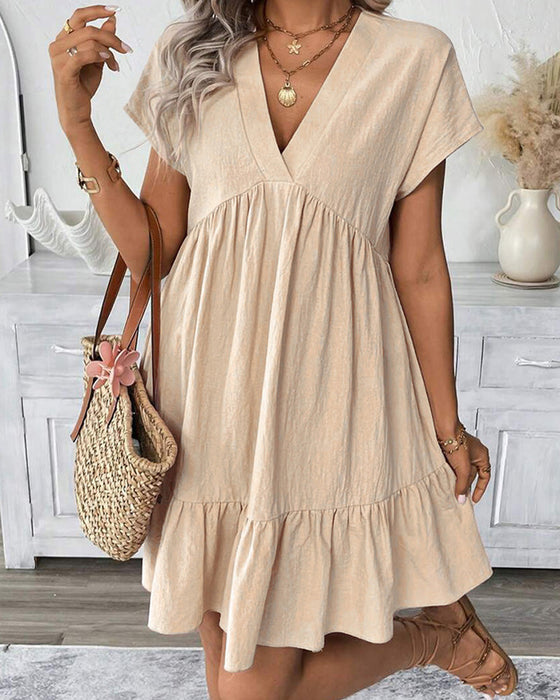 Kleid Solid V-Ausschnitt Rüschen-Besatz