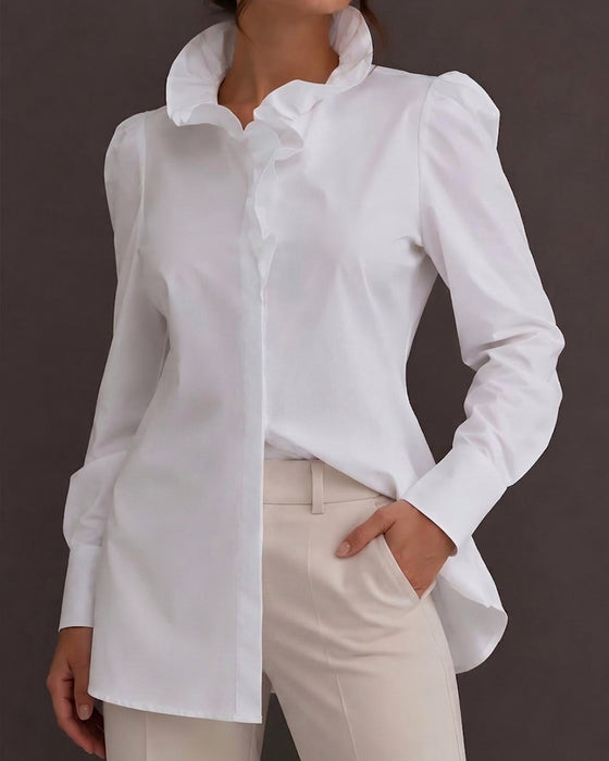 100% Baumwolle Bluse Rüsche Besatz Langarm Puffärmel