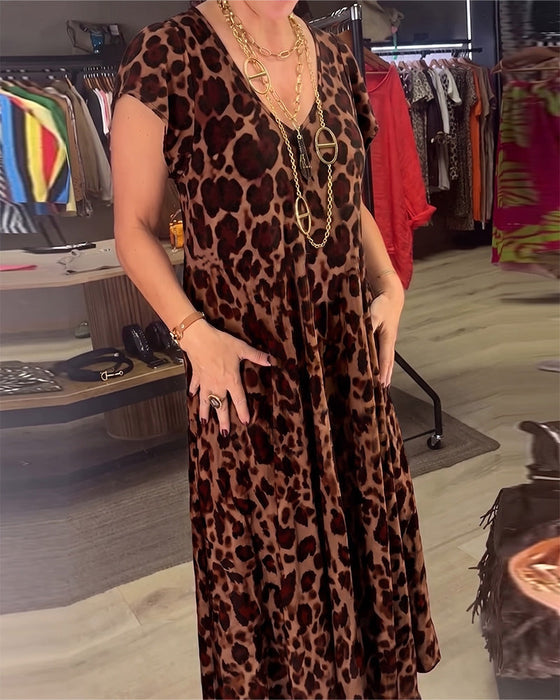 Kleid V-Ausschnitt Leopard Kurzarm