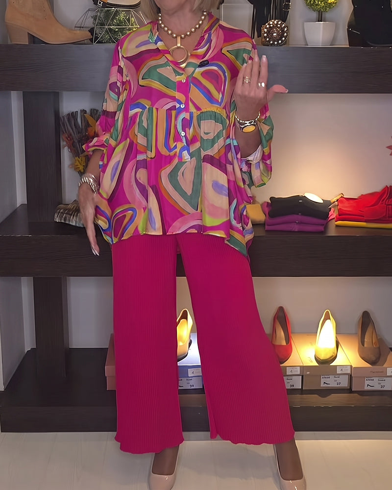 Bluse Bunt Geometrisch Puffärmel Bedruckt