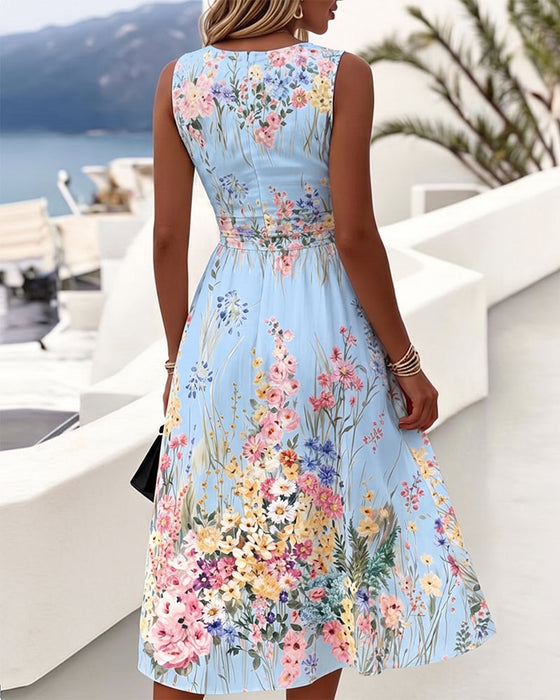 Kleid Ärmellos Blumenprint Taillenbetonend