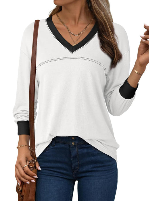 Bluse Kontrast V-Ausschnitt Locker