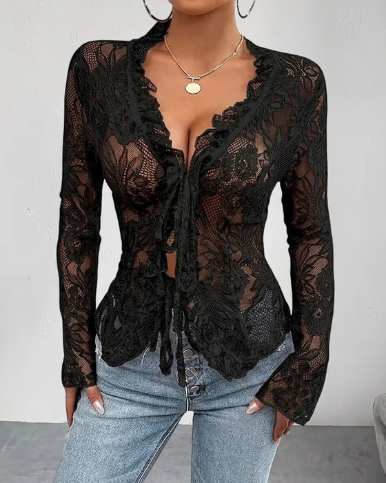 Bluse V-Ausschnitt Binden Spitze