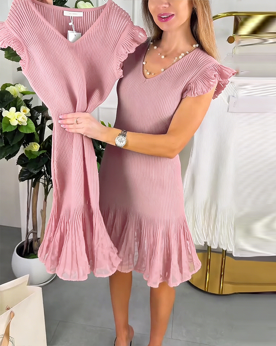 Kleid Kleine Flügelärmel Spitze V-Ausschnitt