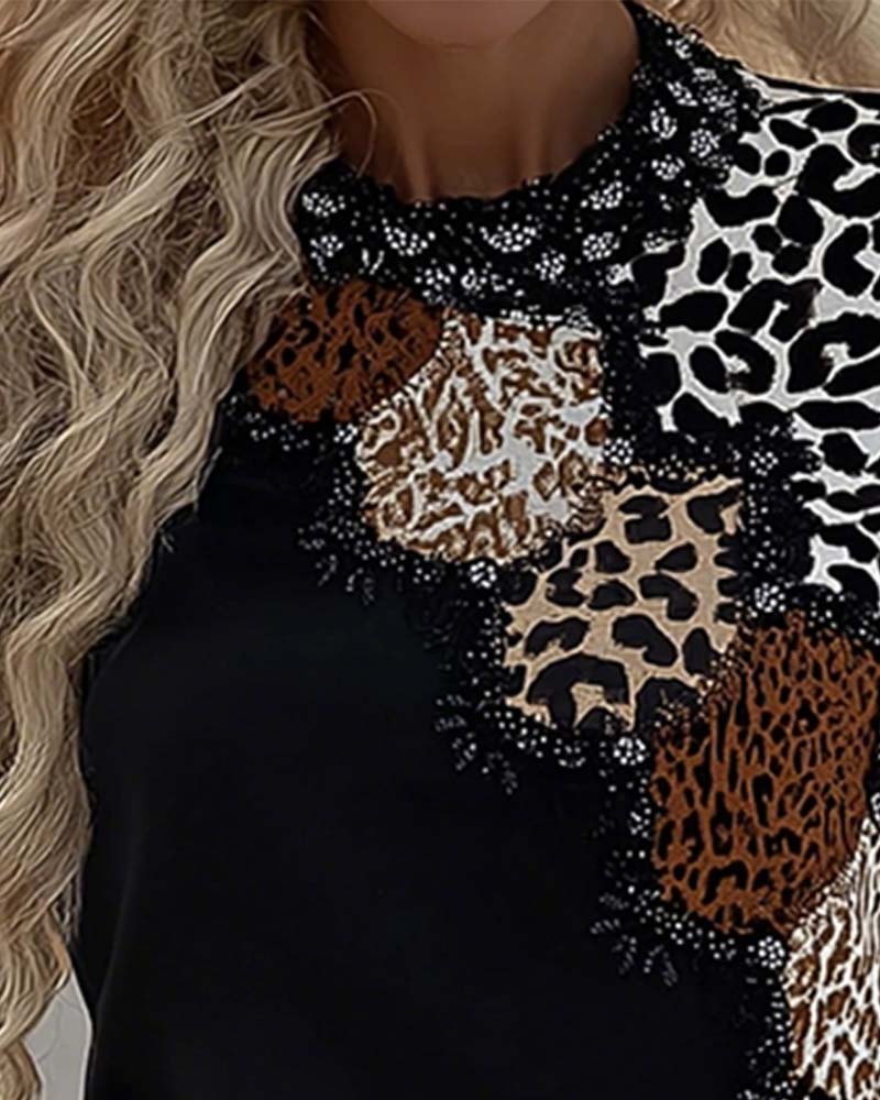 Oberteil Langarm Leopard Patchwork Lässig