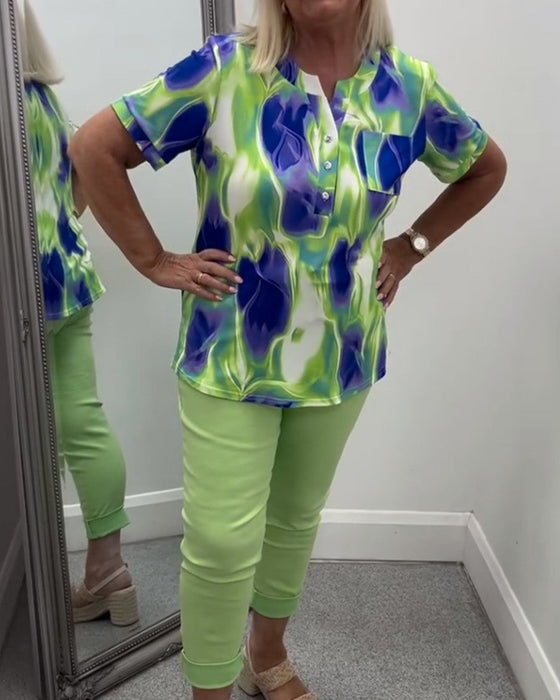 Bluse Henley Ausschnitt Ombre Druck Kurzarm Tasche