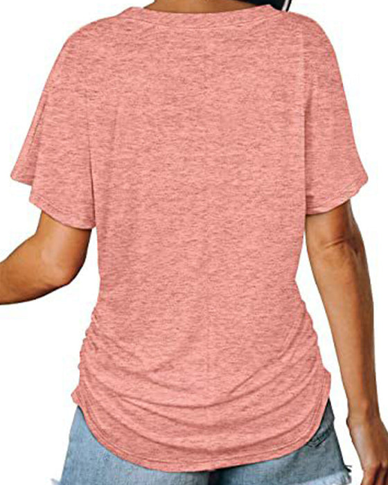T-Shirt Plissiert Einfarbig V-Ausschnitt