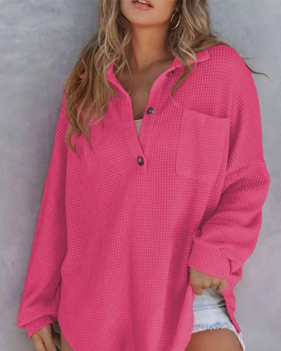 Bluse Unifarben Knopf-Leiste Locker Revers