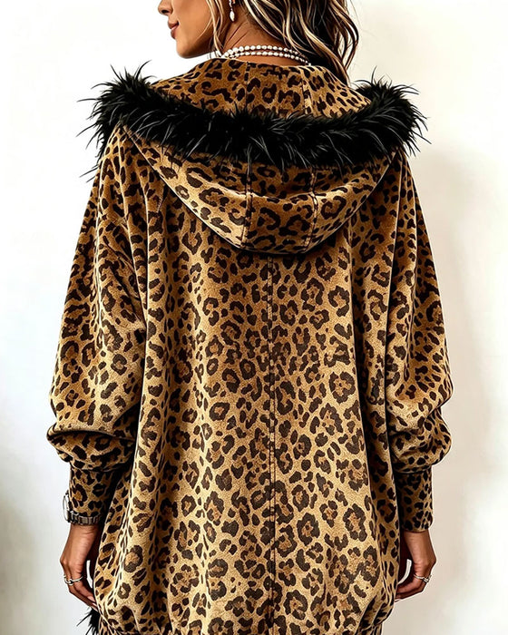 Mantel Leopardenmuster Plüsch Kapuze