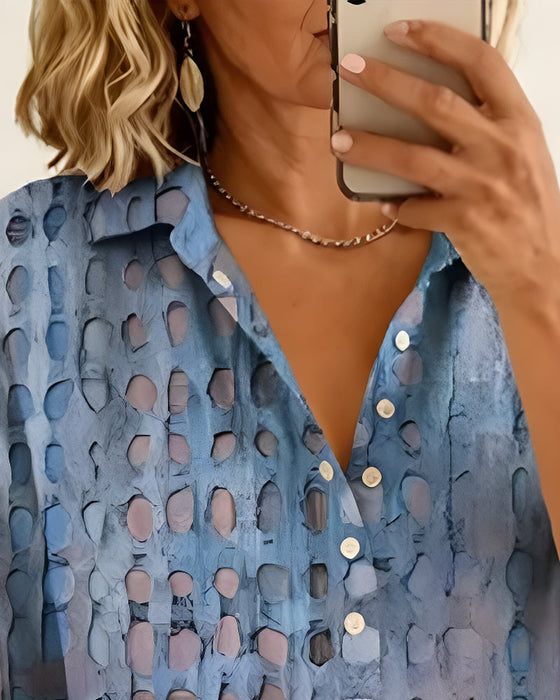 Bluse Tupfenprint Knopf Halbe Knopfleiste