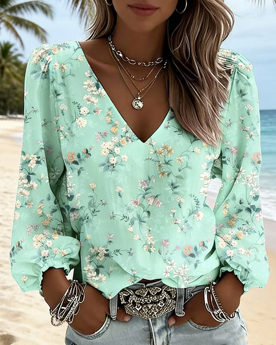 Bluse Floral V-Ausschnitt Puffärmel