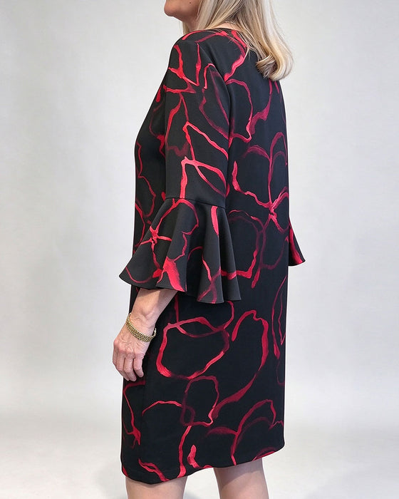 Kleid Kontrastfarbe Rundhals Und Glockenärmel