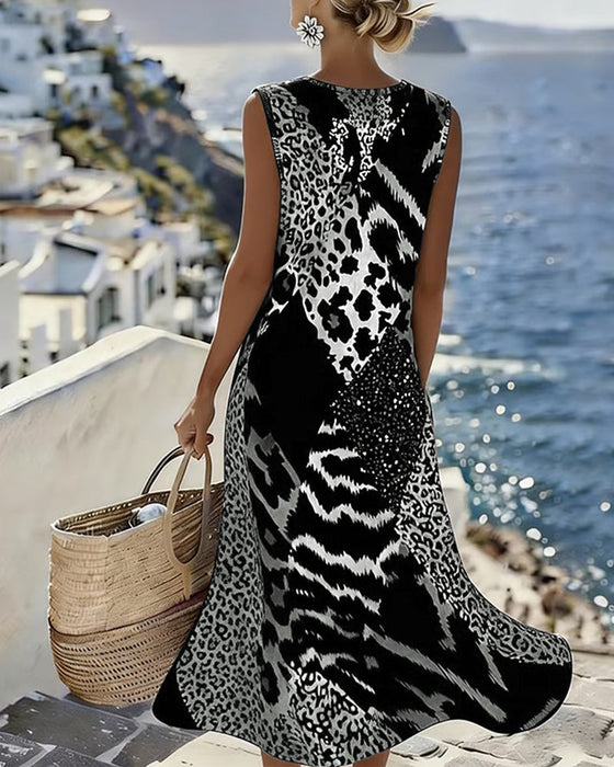 Kleid Patchwork Leopardenmuster Ärmellos Lang