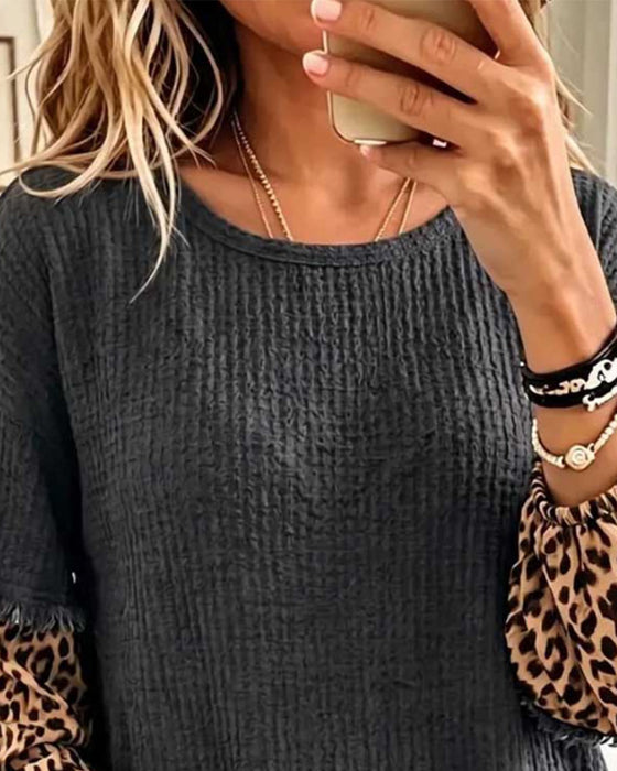 Top Rundhals Leopardenmuster Patchwork Fransen