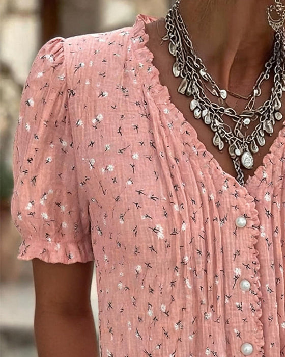 Bluse Puffärmel Blumenprint Kurzarm