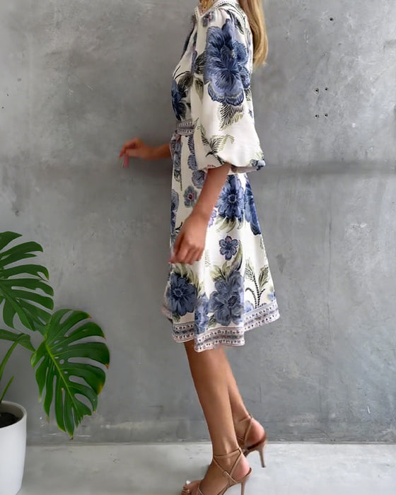Lampenärmel Kleid mit Reverskragen und Print