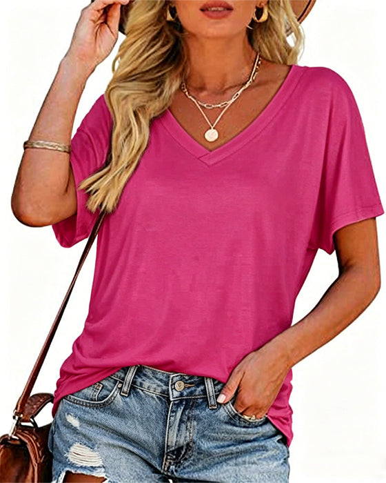 T-Shirt Plissiert Einfarbig V-Ausschnitt