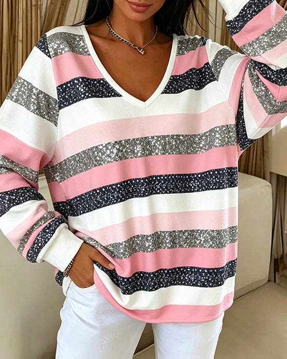 Sweatshirt V-Ausschnitt Farbblock Streifen Lässig
