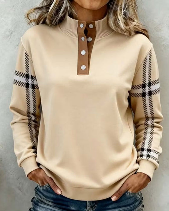 Sweatshirt Rollkragen Knopf Gestreift Langarm