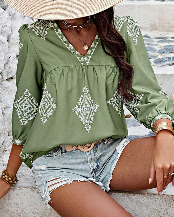 Bluse mit V-Ausschnitt Diamantmuster Dreiviertelärmel