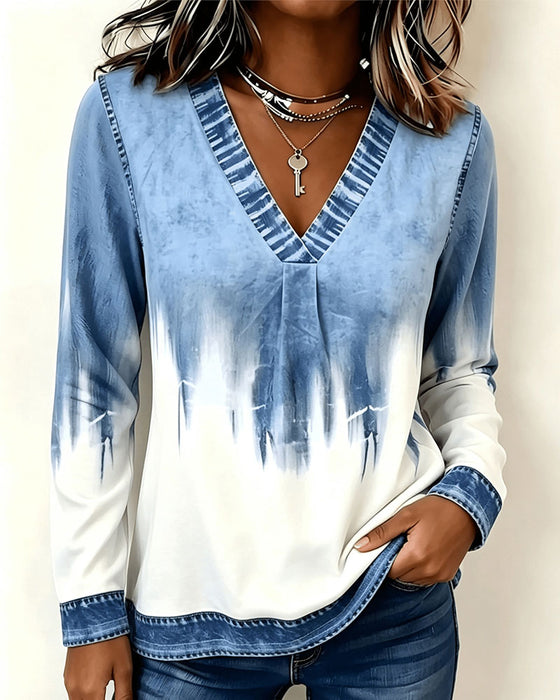 Top Batikdruck V-Ausschnitt Langarm
