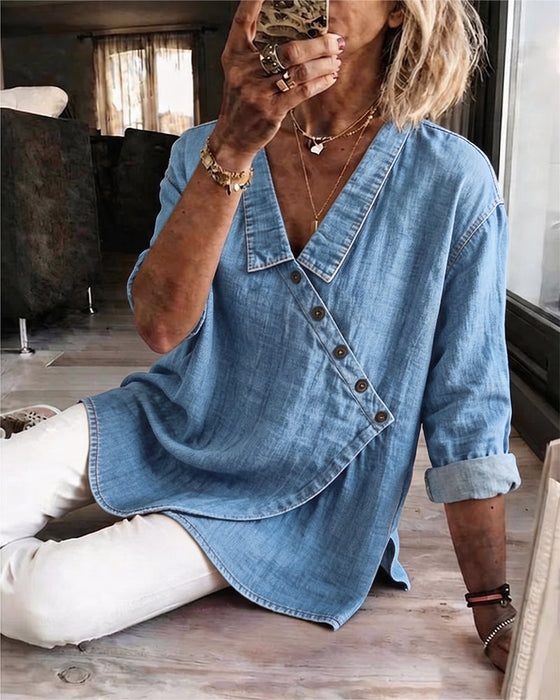 Bluse Einfarbig Diagonaler Knopf Revers Langarm