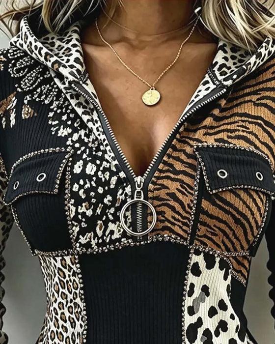 Oberteil Leopard Patchwork Halber Reißverschluss Mit Kapuze