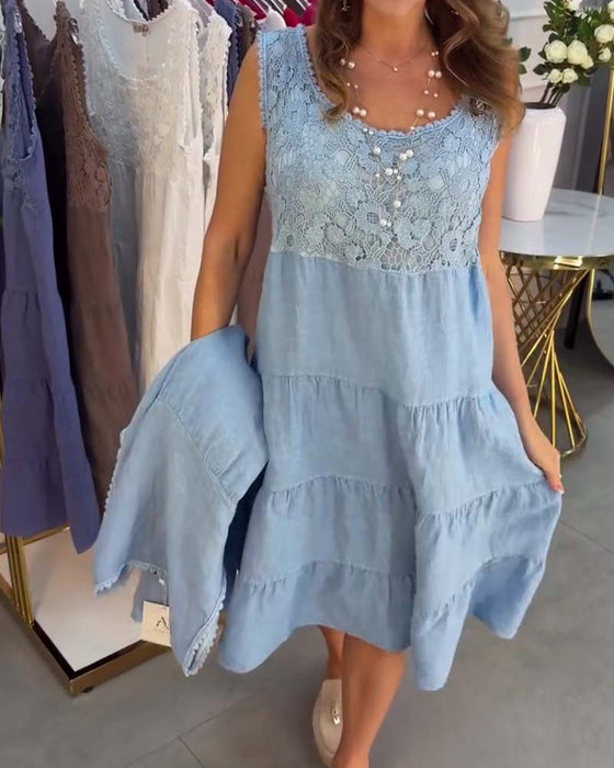 Kleid Rundhals Ärmellos Spitze Lagen