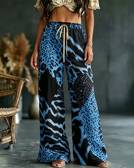 Hose Leoparden Druck Patchwork Weites Bein Casual