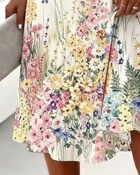 Kleid V-Ausschnitt Blumen Kurzarm A-Linie