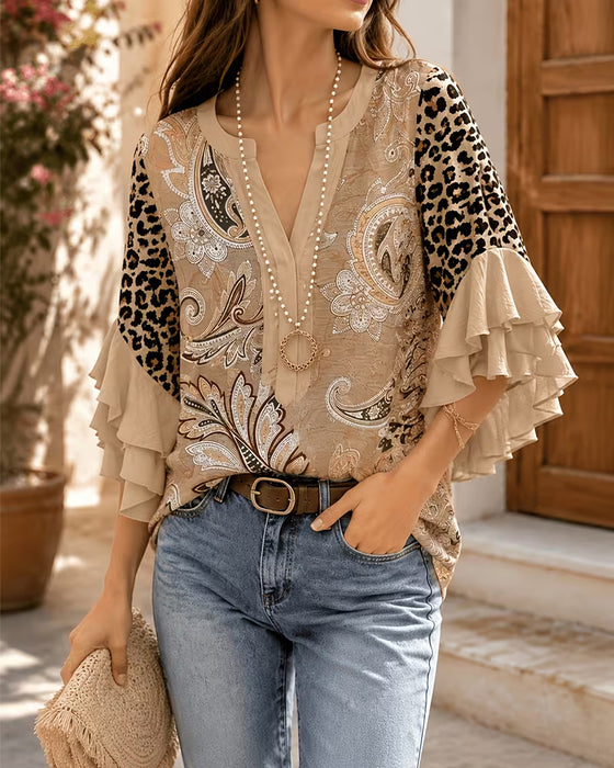 Bluse Leopard Druck Panel Rüsche Ärmel