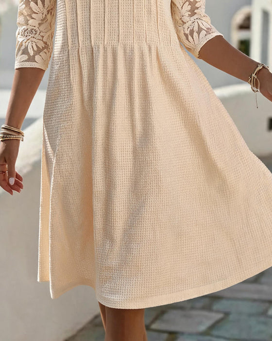 Kleid Rundhals Spitze Patchwork Waffel